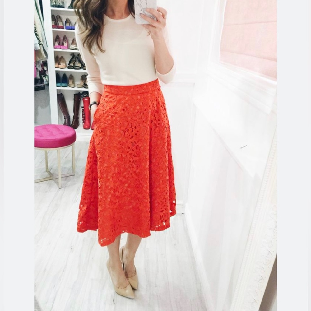 Banana Republic Eyelet Midi Skirt Size 14 Orange Fully Lined